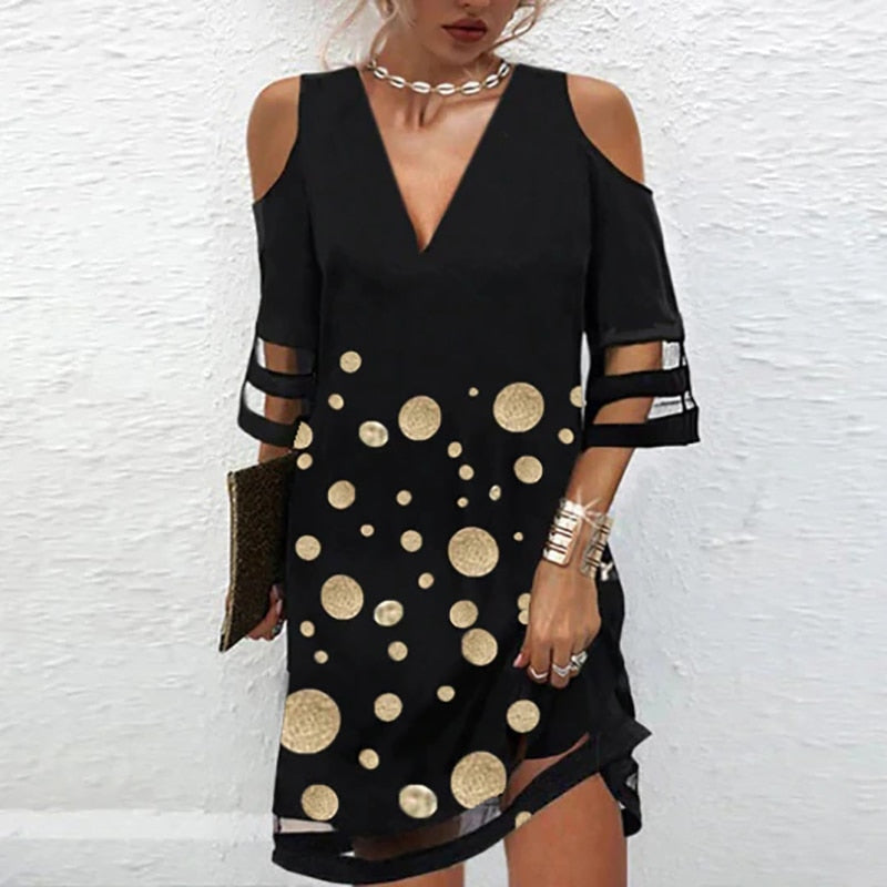 Summer Women Short Dress V Neck Short Sleeve Lace Mesh Patchwork Casual Loose Beach Dress Floral Print Mini Dress S-4XL