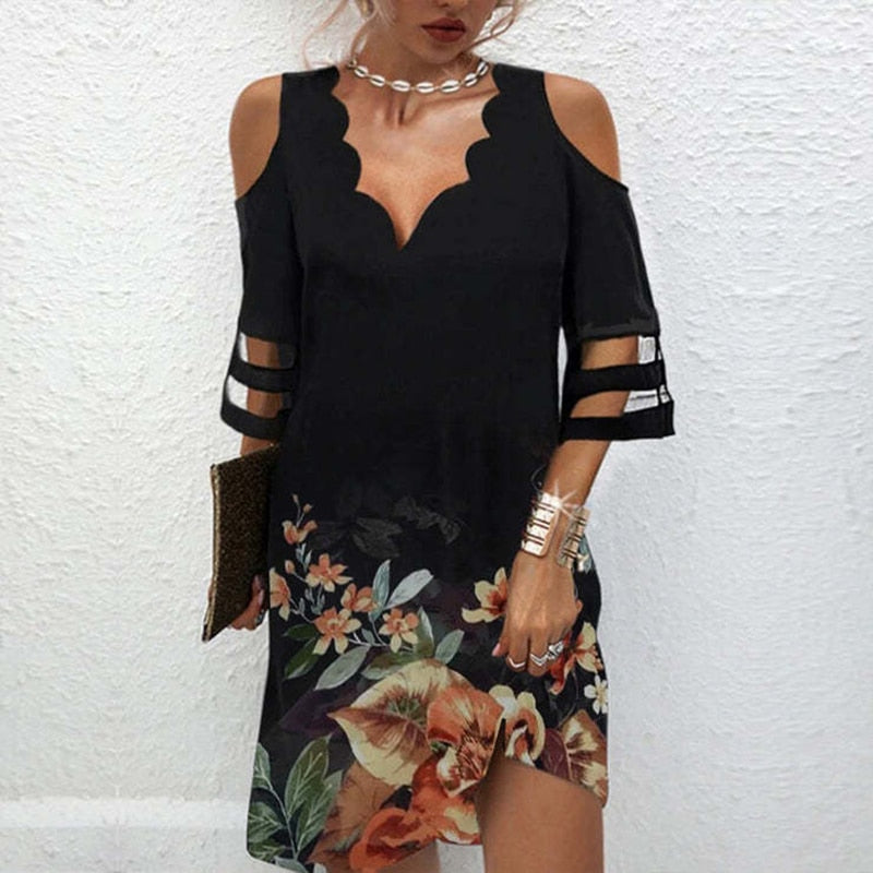 Summer Women Short Dress V Neck Short Sleeve Lace Mesh Patchwork Casual Loose Beach Dress Floral Print Mini Dress S-4XL