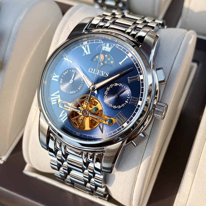 OLEVS Men Watch Automatic Mechanical Watch Stianless Top Brand Luxury Moon phase SkeletonTourbillon Wristwatch Reloj hombres