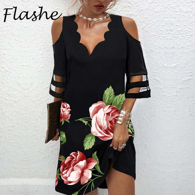 Summer Women Short Dress V Neck Short Sleeve Lace Mesh Patchwork Casual Loose Beach Dress Floral Print Mini Dress S-4XL