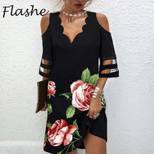 Load image into Gallery viewer, Summer Women Short Dress V Neck Short Sleeve Lace Mesh Patchwork Casual Loose Beach Dress Floral Print Mini Dress S-4XL
