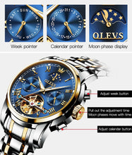 Load image into Gallery viewer, OLEVS Men Watch Automatic Mechanical Watch Stianless Top Brand Luxury Moon phase SkeletonTourbillon Wristwatch Reloj hombres
