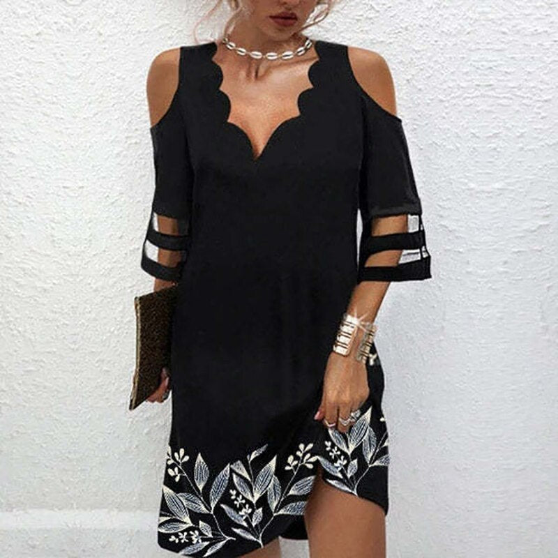 Summer Women Short Dress V Neck Short Sleeve Lace Mesh Patchwork Casual Loose Beach Dress Floral Print Mini Dress S-4XL