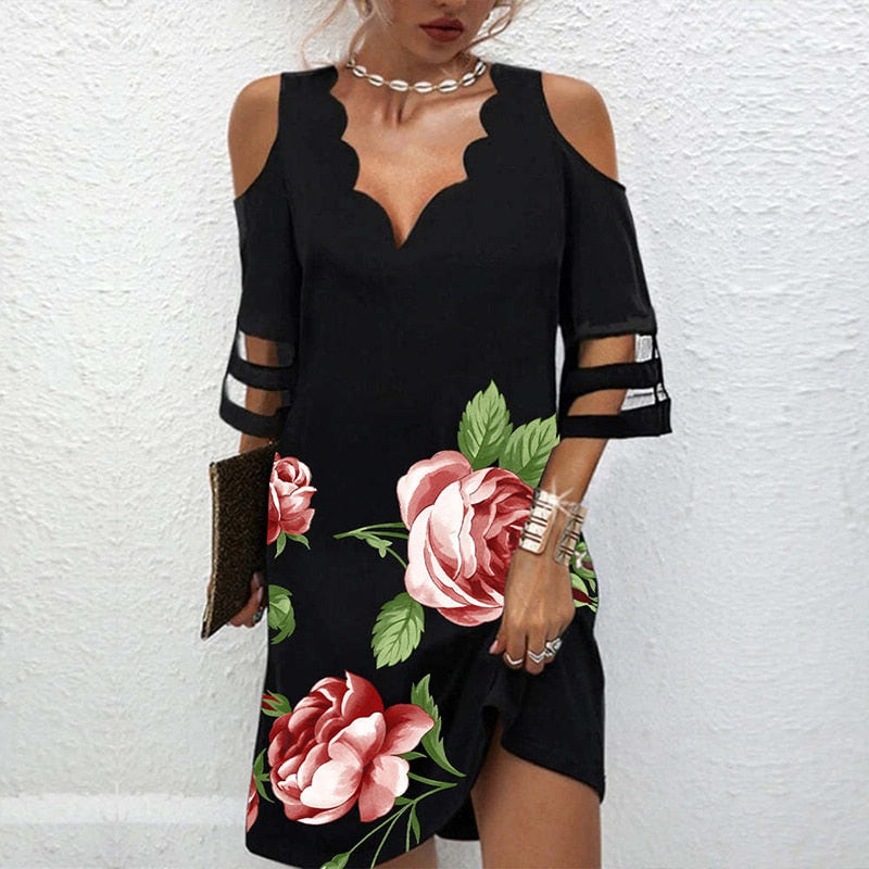 Summer Women Short Dress V Neck Short Sleeve Lace Mesh Patchwork Casual Loose Beach Dress Floral Print Mini Dress S-4XL