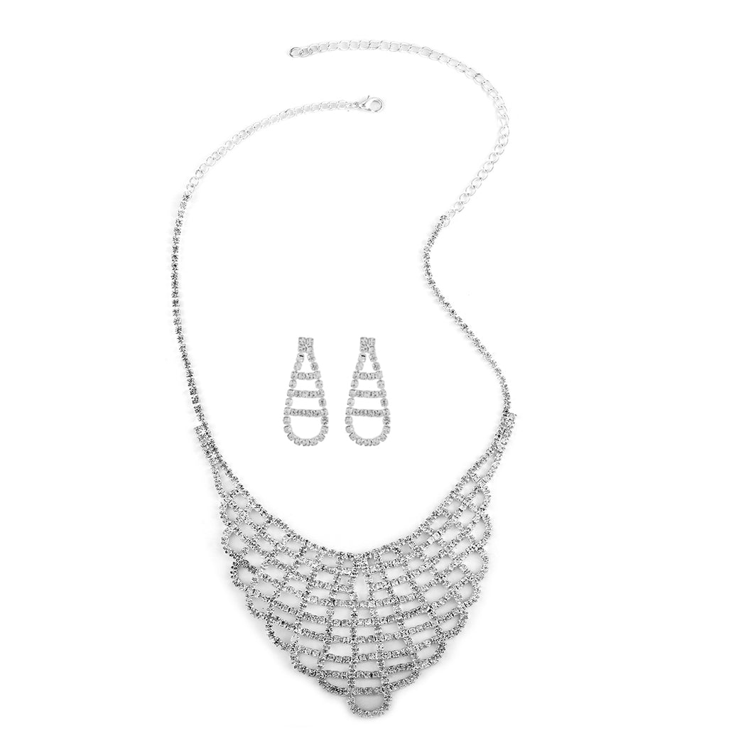White Austrian Crystal Wedding Earrings and V Shape Necklace 22 Inches