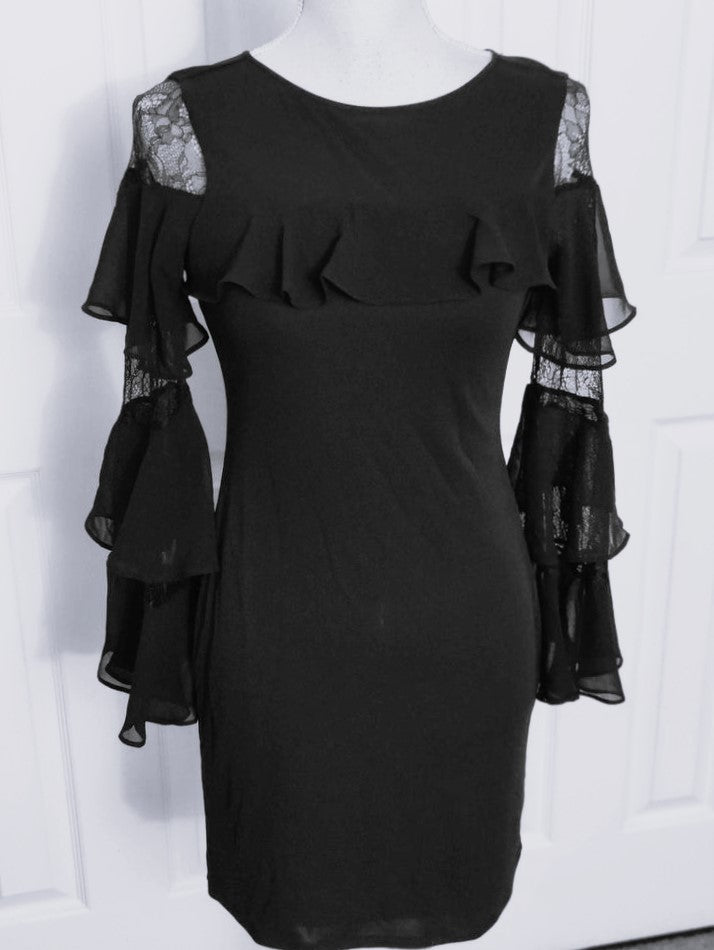 White House Black Market Black Ruffle Bell Lace Sleeve Dress