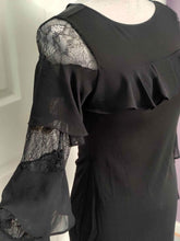 Load image into Gallery viewer, White House Black Market Black Ruffle Bell Lace Sleeve Dress
