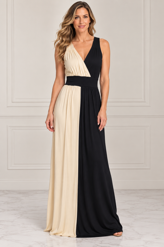Long Color Blocked Peach and Black, Sleeveless Dress, Size Medium New