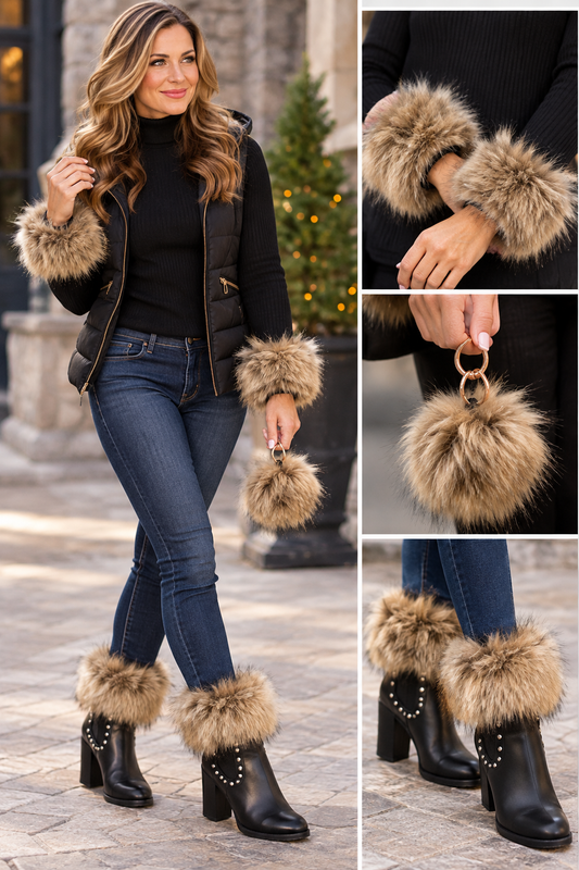 Camel Faux Fur Pom Pom Key Chain, Pair Boot Cuffs and Pair of Matching Slap Bracelets