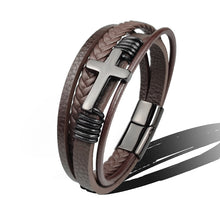 Load image into Gallery viewer, Stainless Steel Leather Cross Brown Black Bracelet Men Hiphop Jewelry
