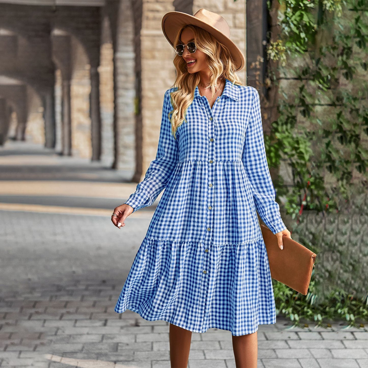 Wide Hem Long Sleeve Dress Plaid Casual Dress