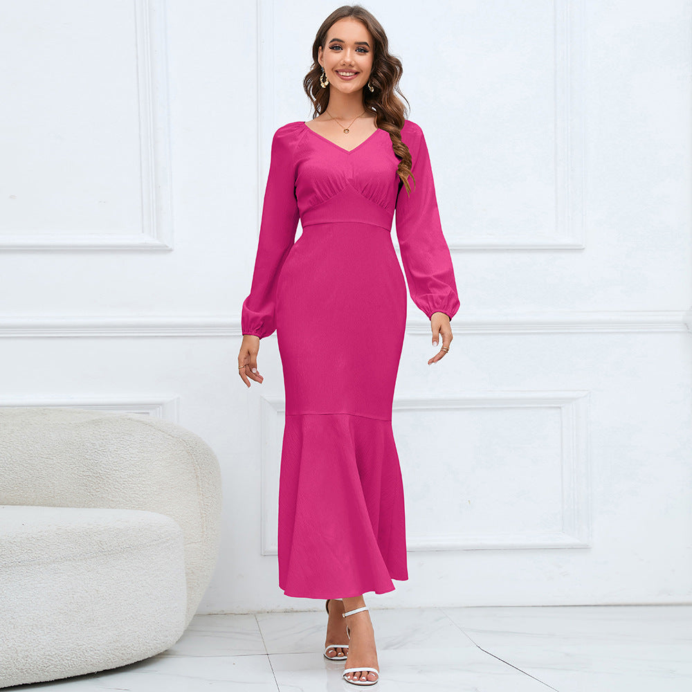 Women's Fashion Temperament V-neck Long Sleeve Dress