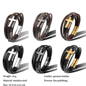 Stainless Steel Leather Cross Brown Black Bracelet Men Hiphop Jewelry