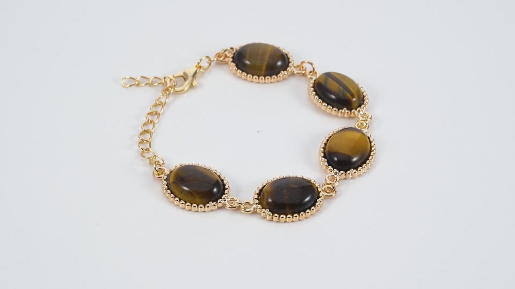 South African Yellow Tiger's Eye 5 Stone Bracelet (7.50-9.0In) and Dangle Earrings