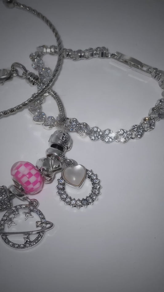 Pandora Style Charm Bracelet with Pink Bear and Crystal Beads