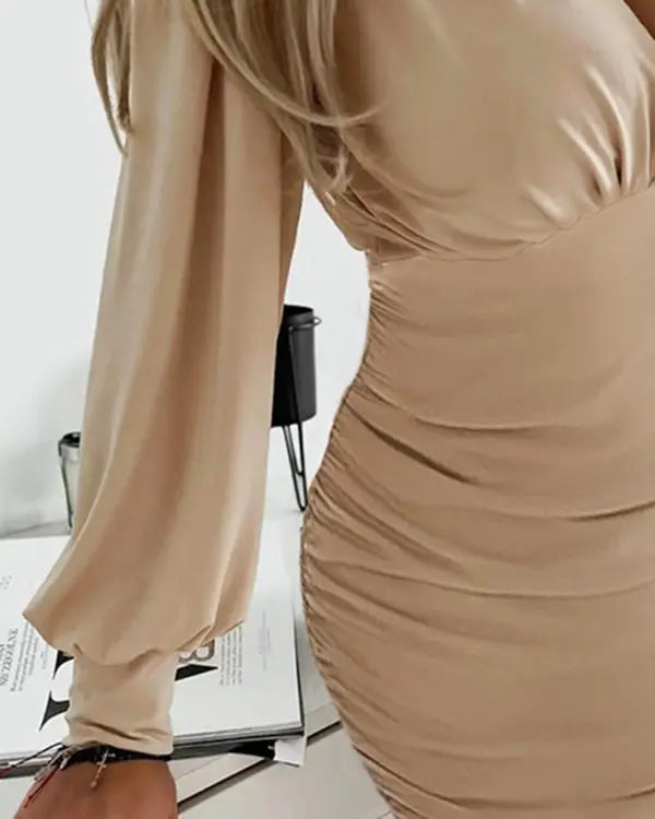 Lantern Sleeve Plunge Ruched Bodycon Dress