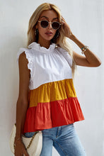 Load image into Gallery viewer, 100% Cotton Ruffle Trim Mock Neck Sleeveless Color Block Tank Top
