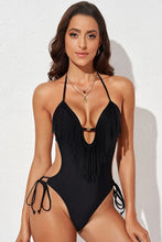 Load image into Gallery viewer, Fringe Trim Tied Halter Neck Backless One-Piece Swimsuit
