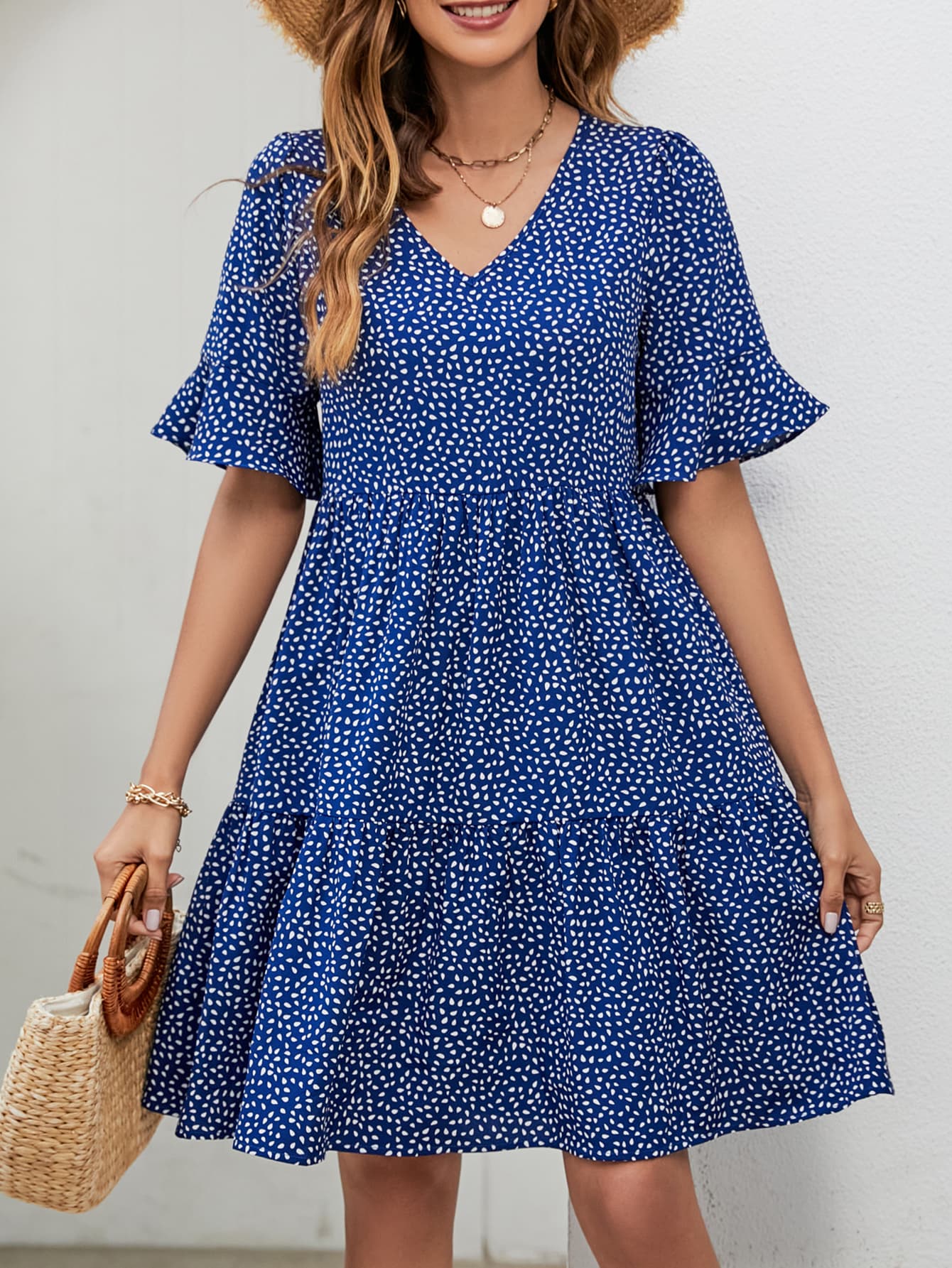 Printed V-Neck Knee-Length Dress