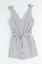 Load image into Gallery viewer, Striped Tie-Shoulder Belted Surplice Romper
