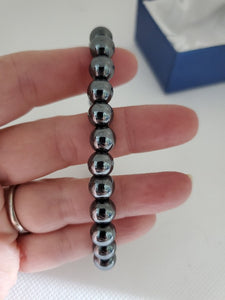 Set of 2 Unisex Hematite Stretch Beaded Bracelet and Curb Chain Bracelets