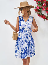 Load image into Gallery viewer, Floral V-Neck Tie Waist Sleeveless Dress
