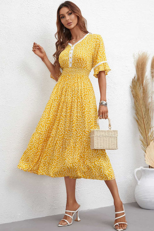 Floral V-Neck Smocked Waist Midi Dress