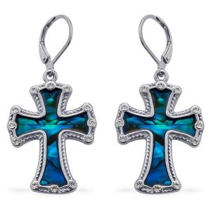 Blue Shell, White Austrian Crystal Cross Lever Back Earrings .