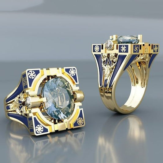 Unique Square Enameled 14k YG Aquamarine Ring