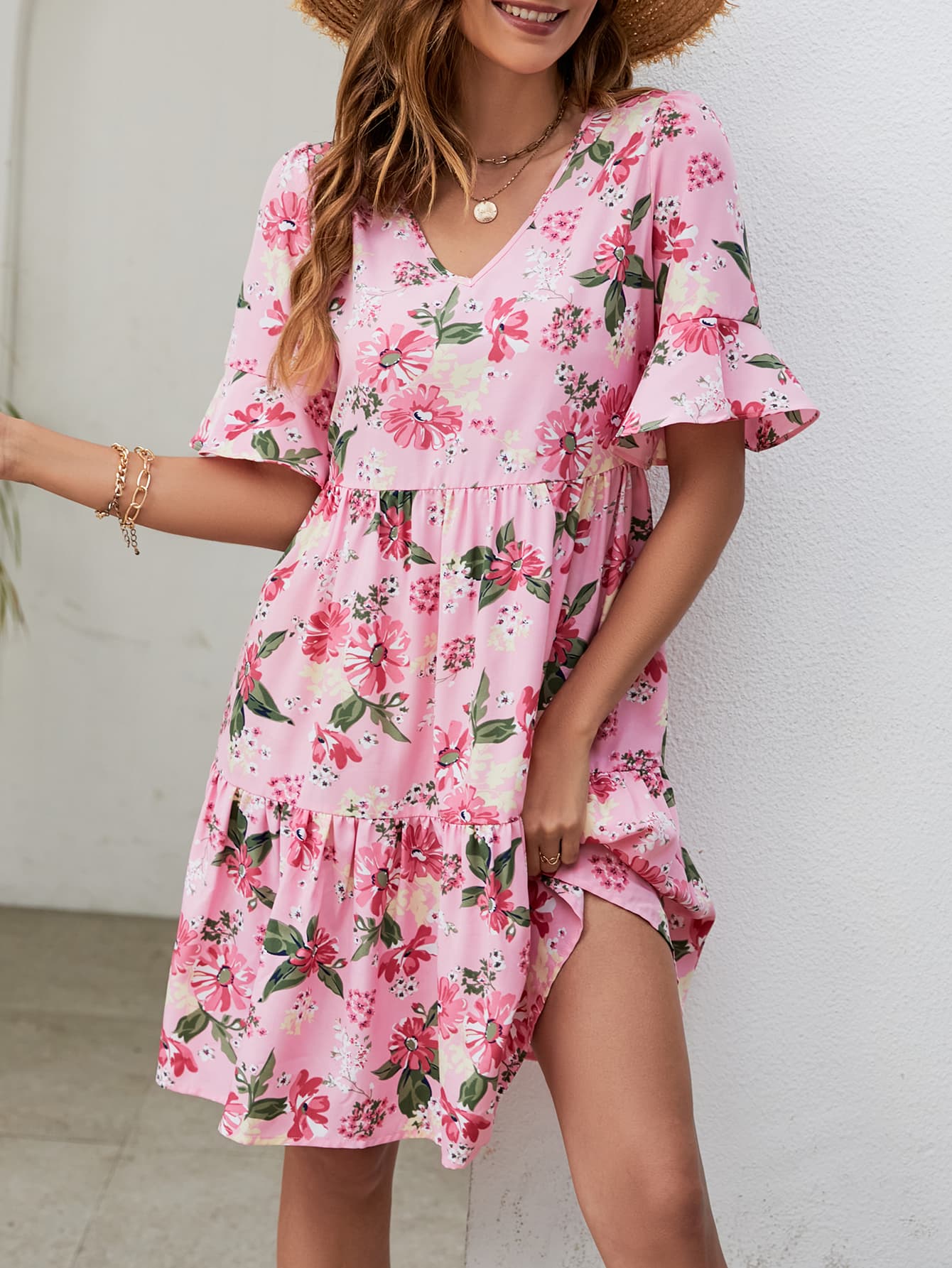 Printed V-Neck Knee-Length Dress