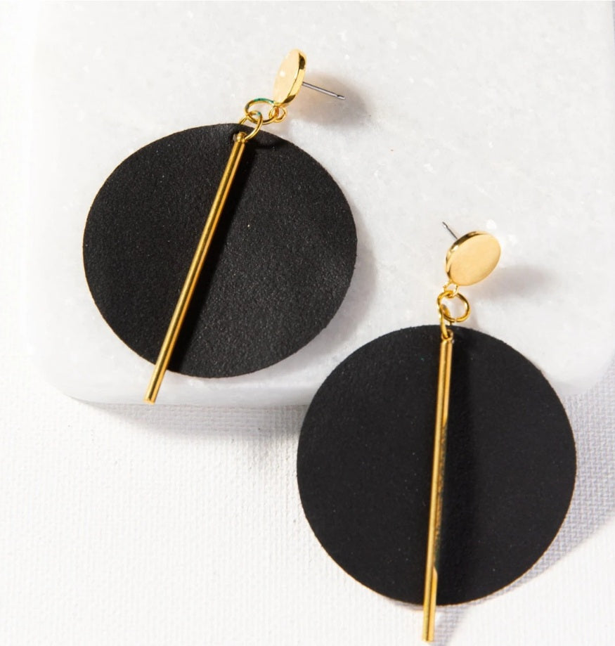 Handmade Black Circle Leather with Brass Earring