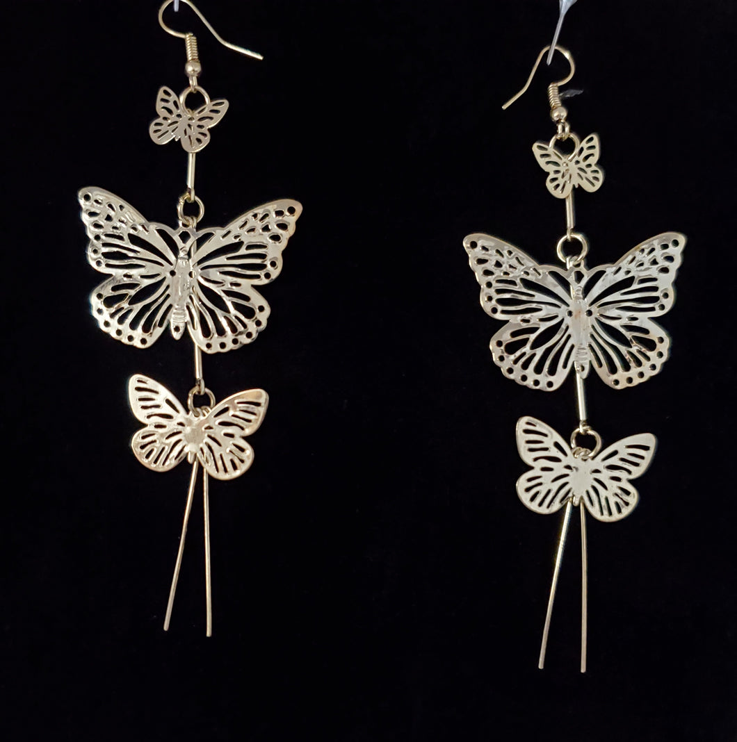 Delicate Filigree Dangle Triple Butterfly Drop Hook Earrings
