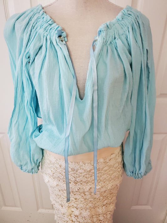 Dreamy Blue 100% Cotton Off Shoulder Top with Split Sleeves