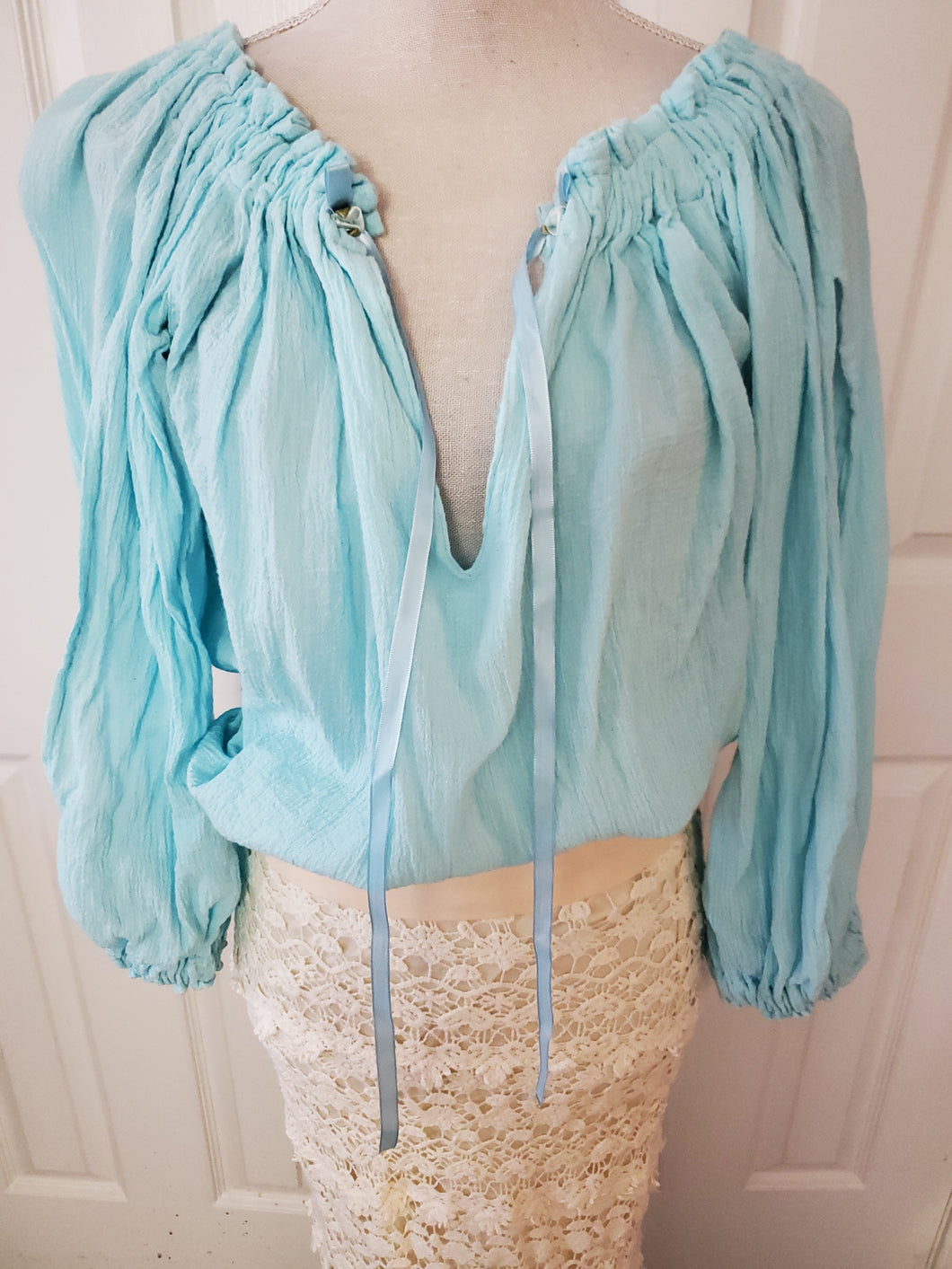 Dreamy Blue 100% Cotton Off Shoulder Top with Split Sleeves