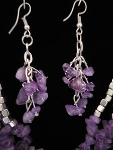 Handmade Amethyst Chips Earrings and Multi Strand Necklace 24 Inch