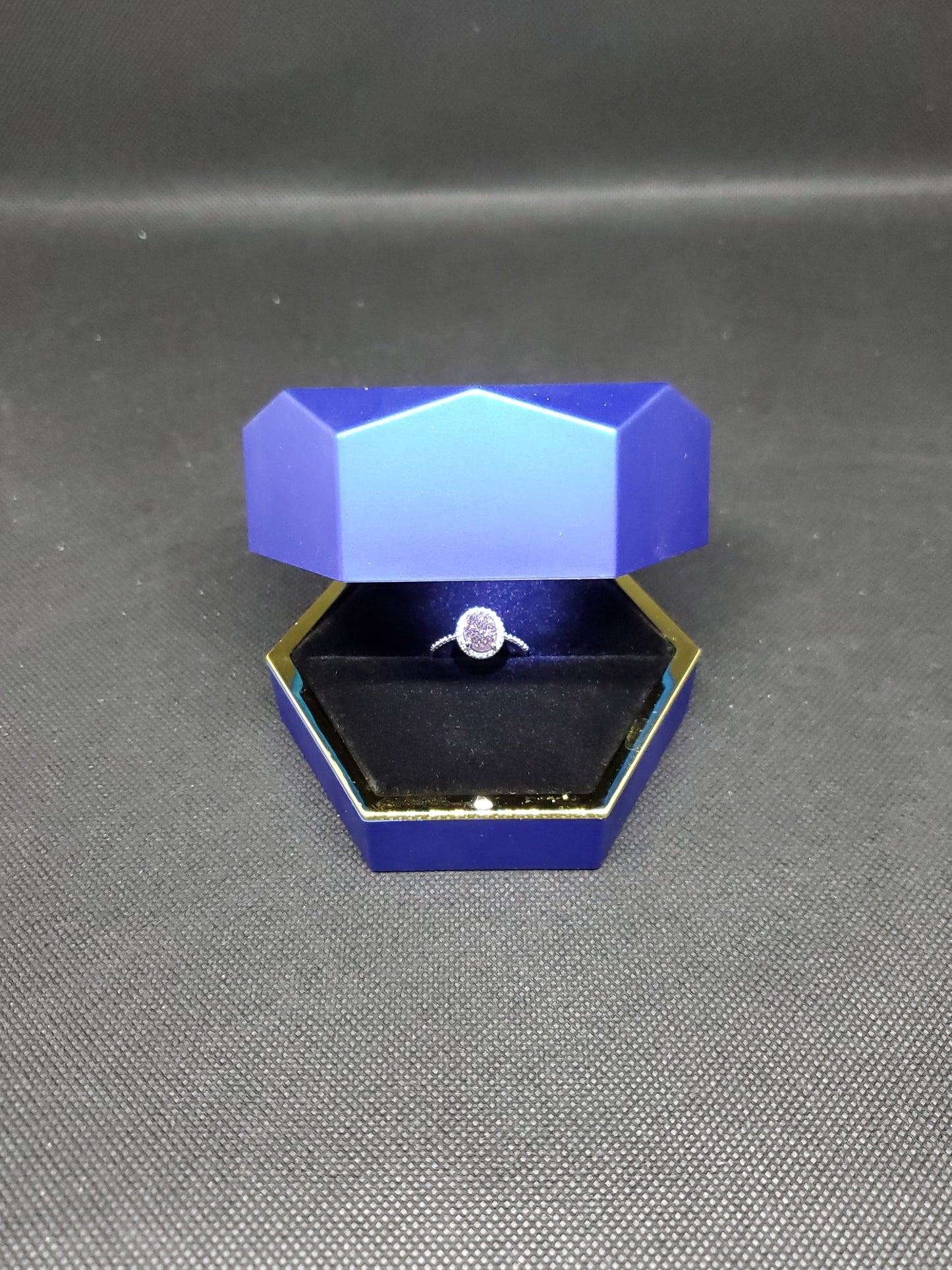 Blue Velvet Octagonal Shape LED Light Ring and Earrings Box with Gold Rim