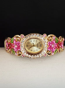 Hand Painted Springtime White and Pink or Blue Austrian Crystal Watch