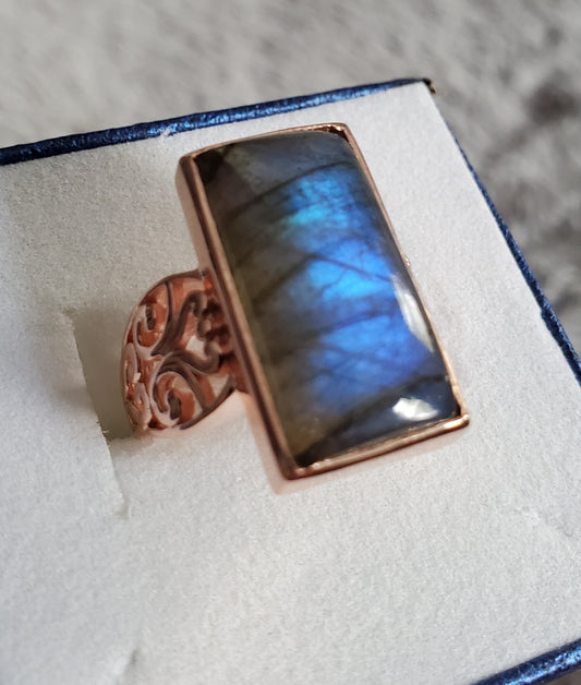 Majestic Malagasy Labradorite Solitaire Ring in 14K RG