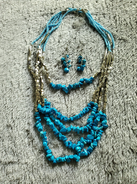 Handmade Teal Blue Howlite Earrings and Multi Strand Necklace