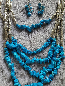 Handmade Teal Blue Howlite Earrings and Multi Strand Necklace