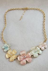 Pretty Petunia Necklace in White Austrian Crystal and Enamel 20-22 Inches
