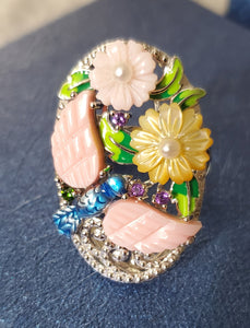Pink and Yellow Mother of Pearl and Multi Gemstone Hummingbird Ring