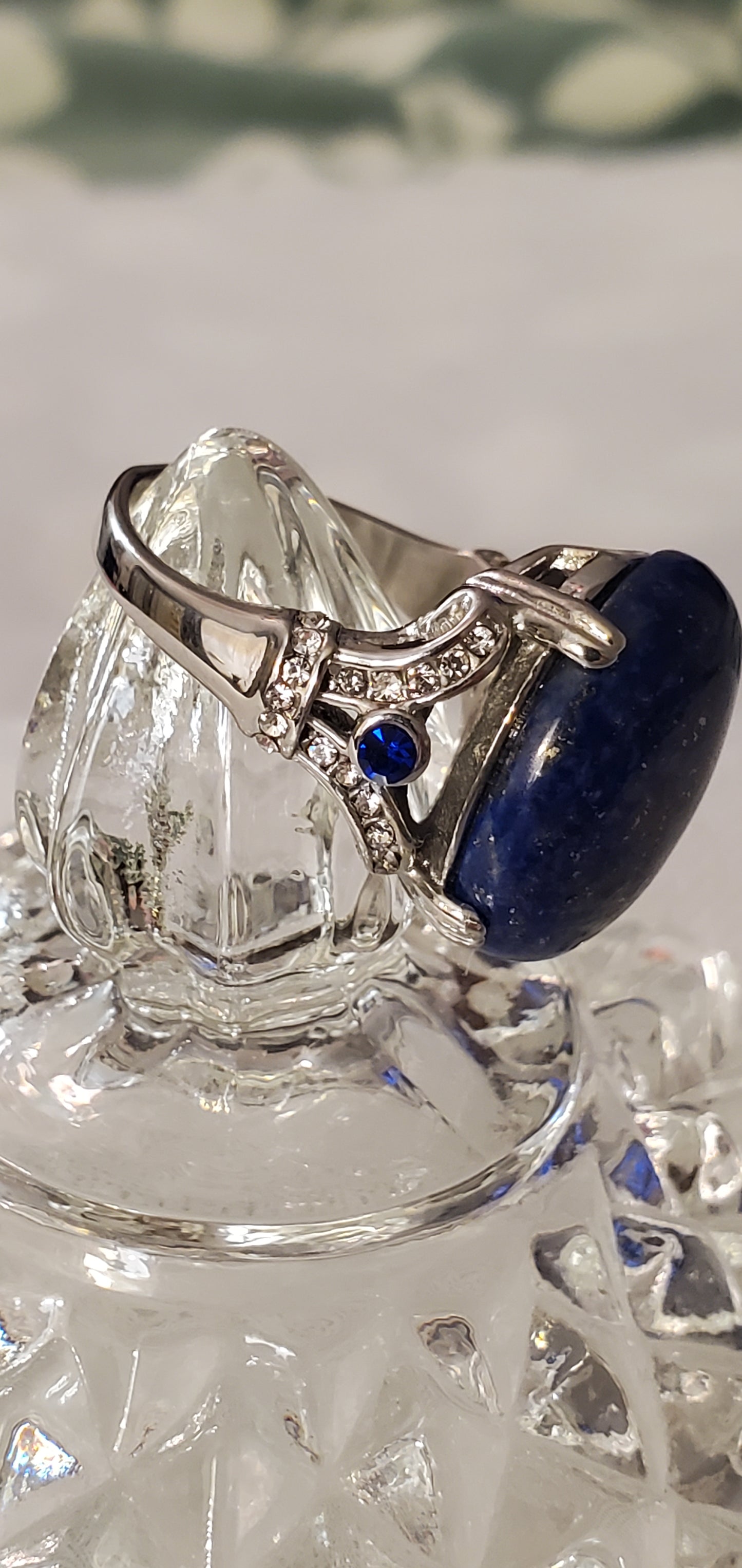 Lapis Lazuli and Blue Austrian Crystal Ring Size 8