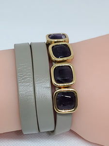 Genuine Amethyst and Gray Leather Wrap Bracelet