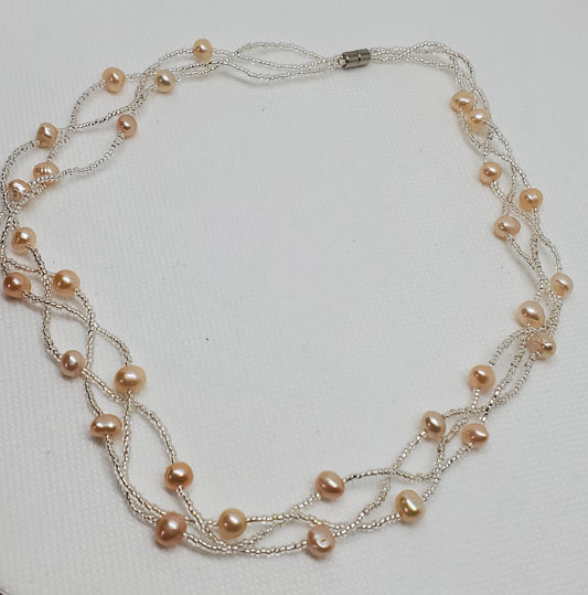 Peach Freshwater Cultured Pearl and Glass Beaded Necklace 18 Inches