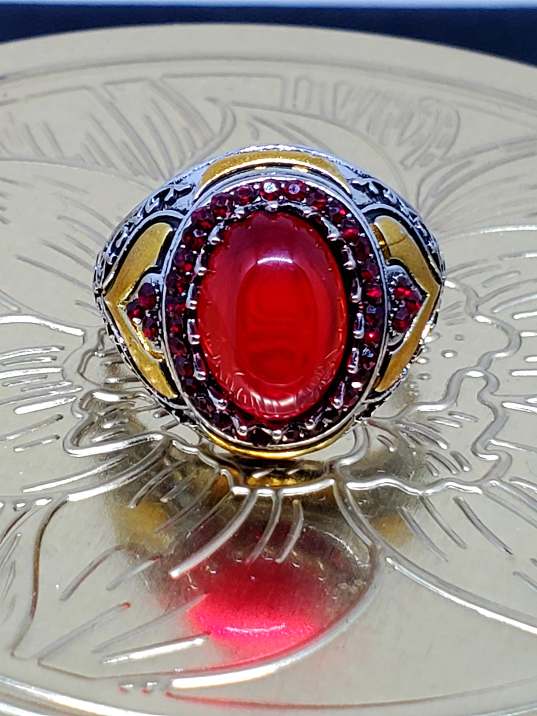 Men's Two Tone Red Agate Ring Size 9.5, 11