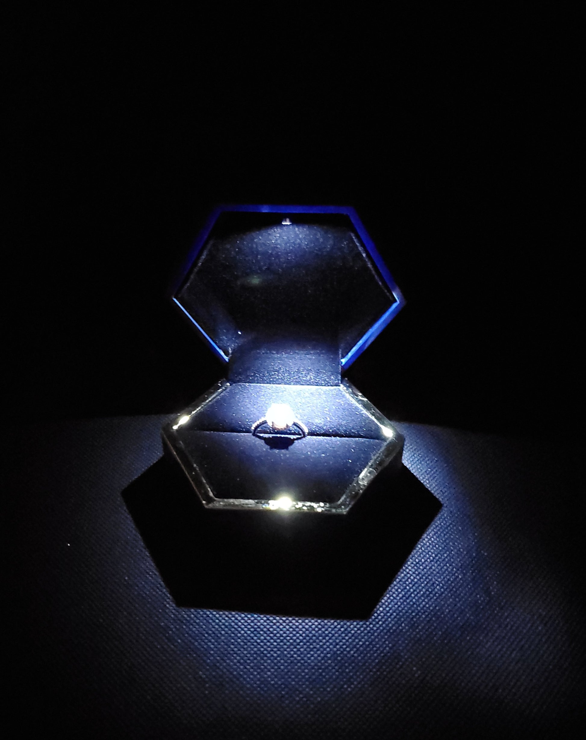 Blue Velvet Octagonal Shape LED Light Ring and Earrings Box with Gold Rim