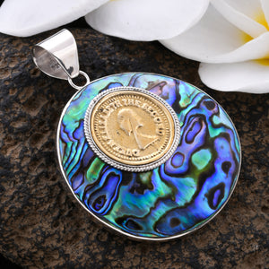 Unisex Abalone Shell Coin Pendant in Sterling Silver With Free Premium Chain