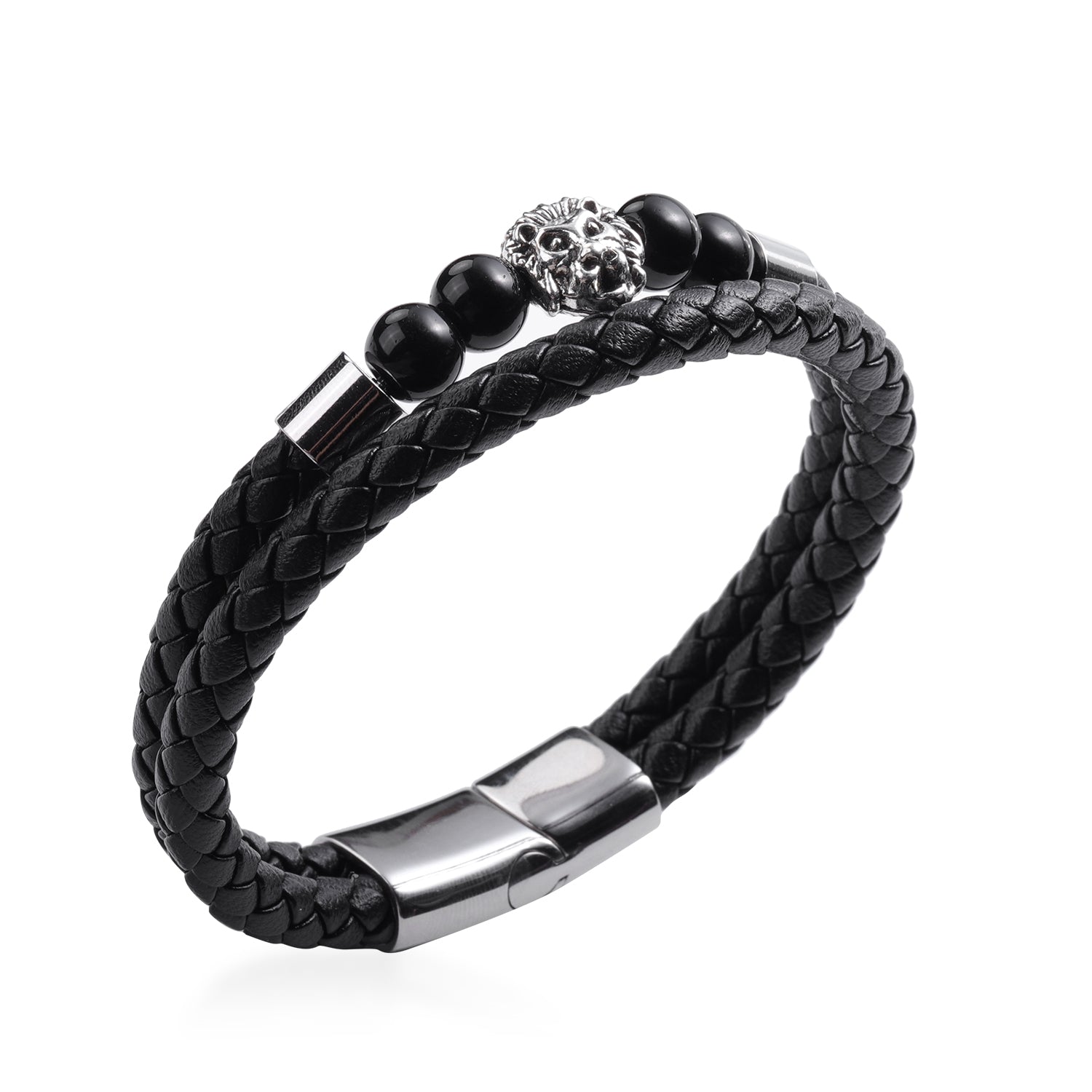 Men's Enhanced Black Agate Bracelet Genuine Leather