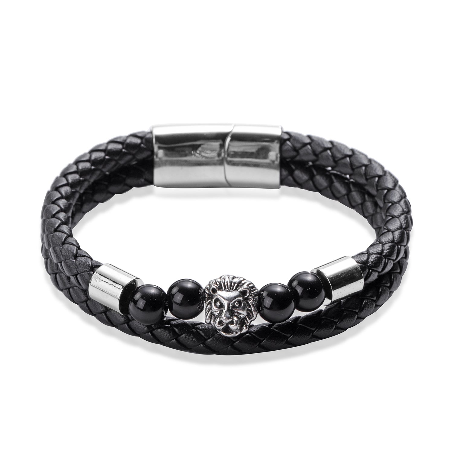 Men's Enhanced Black Agate Bracelet Genuine Leather